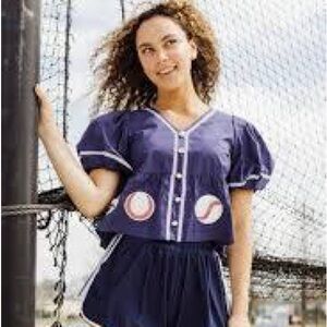 QUEEN OF SPARKLES Navy Blue Puff Sleeve Top